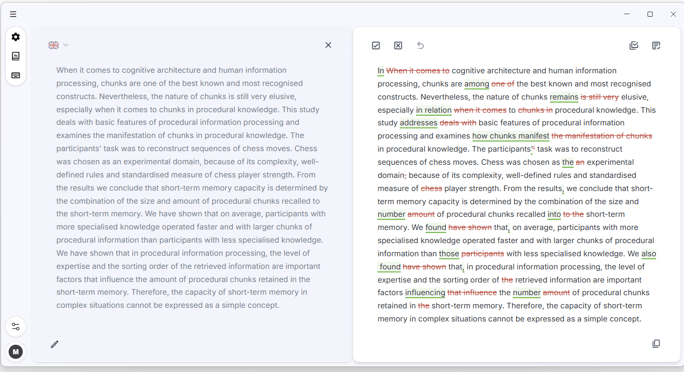 InstaText desktop Editor view with the original text and the improved version side by side