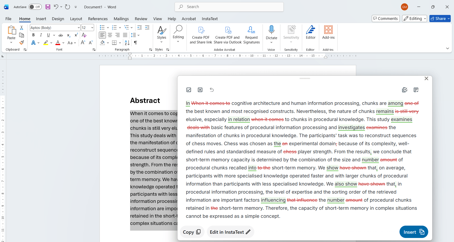 InstaText compact view open over a Microsoft Word document, showing tracked improvements ready to insert